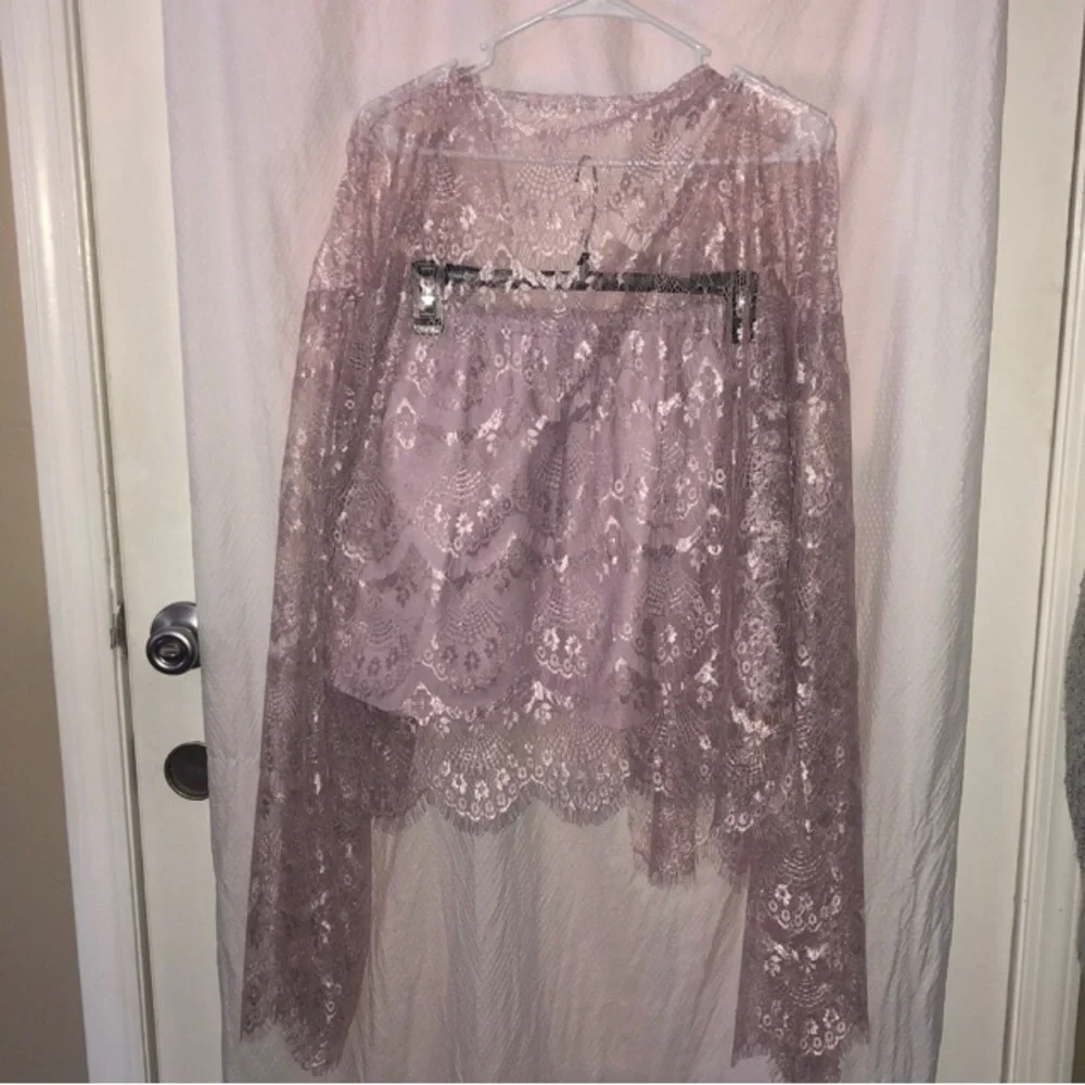 Sheer Side Shiny Lace and Cotton Plus Size Lavender Cardigan & Skirt XXL 47-52” - Picture 3 of 12